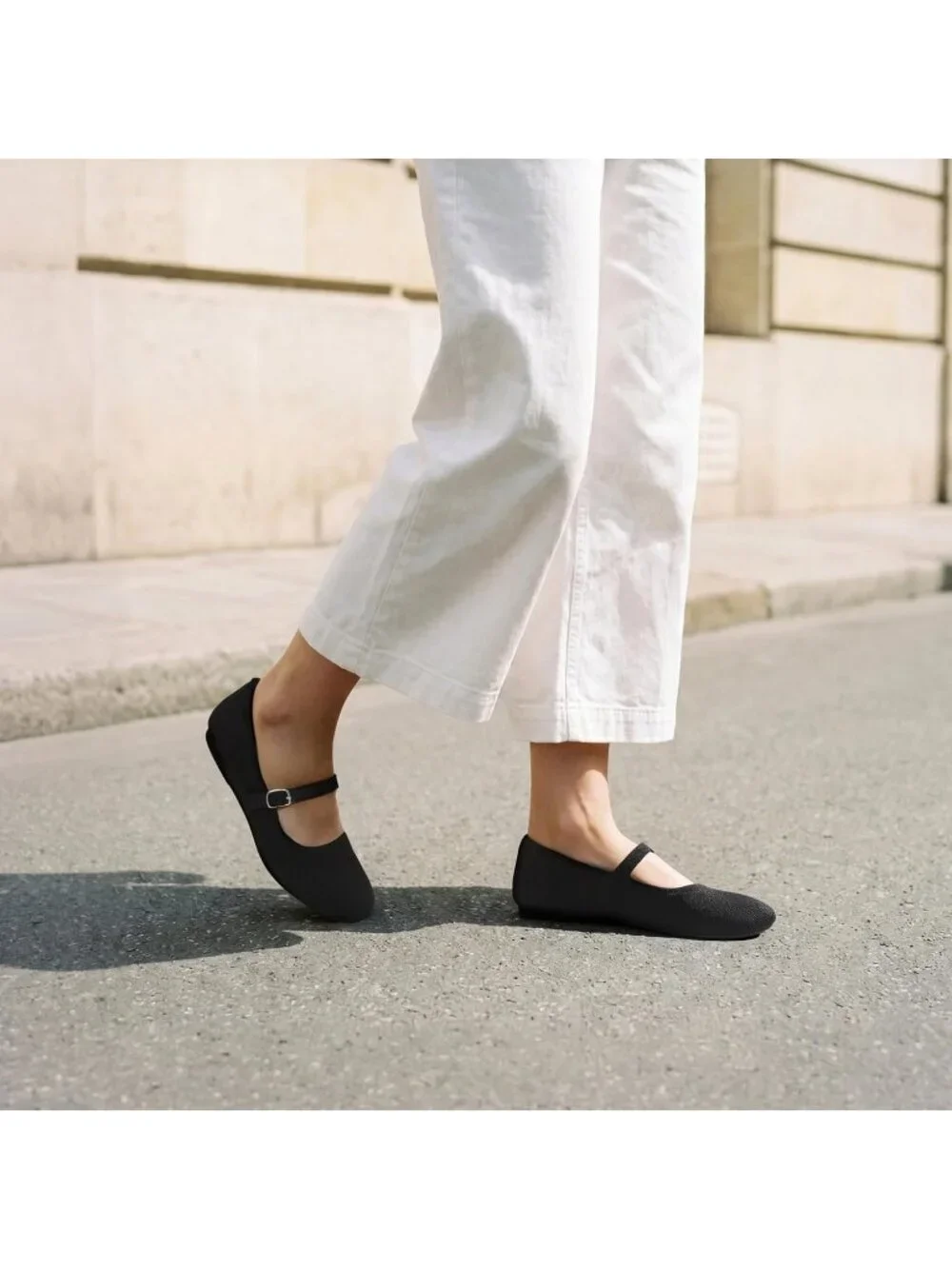 Women's Black Knit Mary Jane Ballet Flat Comfortable For Casual Office Shoes